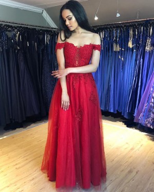 Lace Appliqued Off the Shoulder Red Formal Dress PM1844