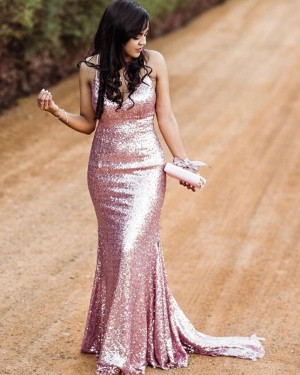 Rose Gold Spaghetti Straps Sequin Mermaid Formal Dress PM1845