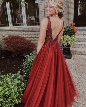 Beading Bodice V-neck Red Formal Dress with Side Slit PM1850