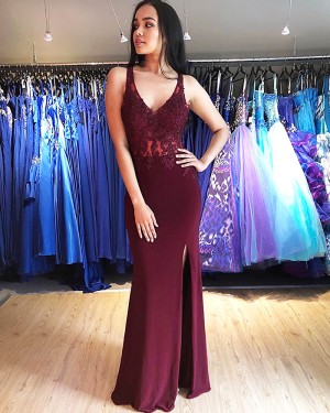 Burgundy V-neck Lace Bodice Mermaid Formal Dress with Side Slit PM1851