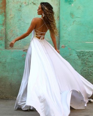 White Spaghetti Strap Lace Bodice Chiffon Formal Dress with Side Slit PM1854