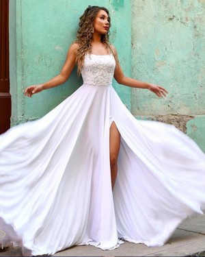 White Spaghetti Strap Lace Bodice Chiffon Formal Dress with Side Slit PM1854