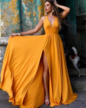 Simple Daffodil Halter Ruched Satin Formal Dress with Side Slit PM1856