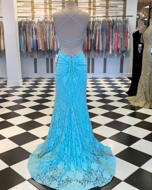 Cyan Spaghetti Strap Lace Mermaid Formal Dress PM1857