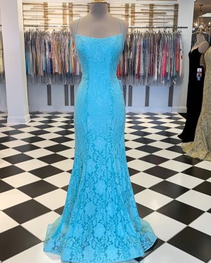 Cyan Spaghetti Strap Lace Mermaid Formal Dress PM1857