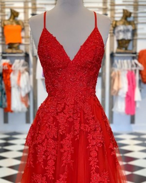 Lace Spaghetti Straps Appliqued Red Tulle Formal Dress PM1860