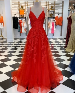 Lace Spaghetti Straps Appliqued Red Tulle Formal Dress PM1860