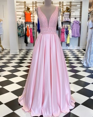 Pink Deep V-neck Beading Bodice Satin Pleated Formal Dress PM1861