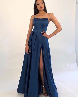 Simple Blue Strapless Pleated Slit Satin Formal Dress with Pockets PM1865