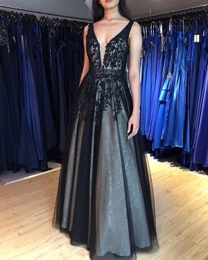 Lace Appliqued V-neck Black Formal Dress PM1869