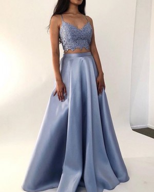 Light Blue Two Piece Square Neck Satin Formal Dress PM1870