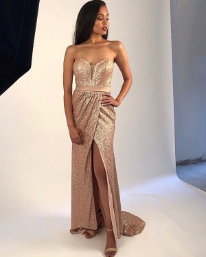 Gold Sequin Sweetheart Ruched Formal Dress with Side Slit PM1872