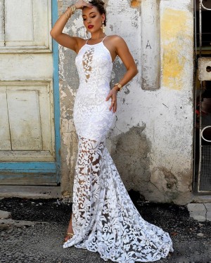 White Spaghetti Straps Lace Mermaid Formal Dress with Side Slit PM1878