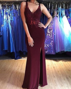 Lace Appliqued Bodice V-neck Burgundy Mermaid Formal Dress with Side Slit PM1881