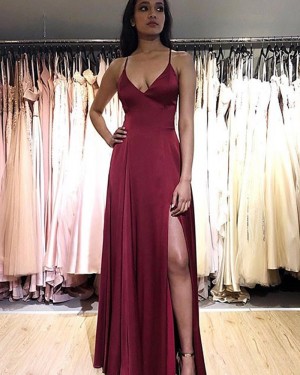 Simple Burgundy Spaghetti Straps Satin Formal Dress with Side Slit PM1882