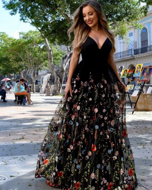 Black V-neck Satin A-line Formal Dress with Floral Lace Skirt PM1884