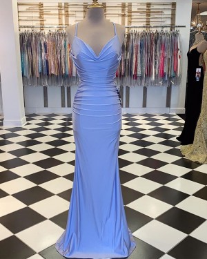 Ruched Blue Spaghetti Straps Satin Mermaid Formal Dress PM1889