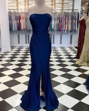 Simple Ruched Strapless Navy Blue Satin Mermaid Formal Dress with Middle Slit PM1890