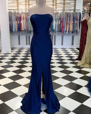 Affordable Prom Dresses with Slits Side Slit Front Slit Hocobee Mermaid Trumpet Polyester Satin Navy Blue