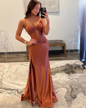 Cutout Ruched Satin Chocolate Sweetheart Long Formal Dress with Side Slit PM2631