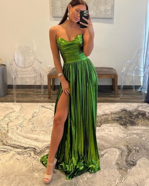 Olive Green Ruched Sweetheart Long Formal Dress with Side Slit PM2632