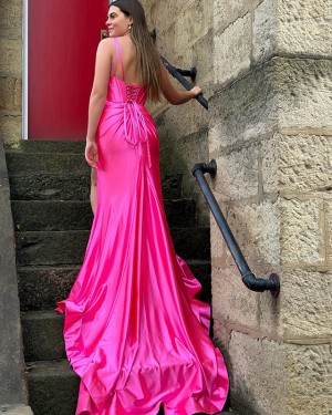 V-neck Satin Pink Mermaid Simple Long Formal Dress with Side Slit PM2634