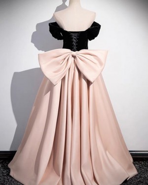 Black & Pearl Pink Satin Off the Shoulder Long Formal Dress with Bowknot PM2635