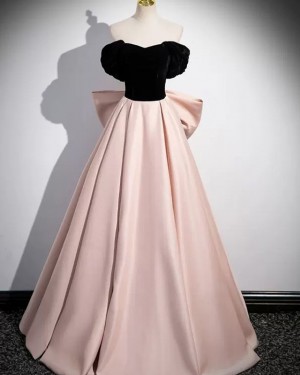 Black & Pearl Pink Satin Off the Shoulder Long Formal Dress with Bowknot PM2635