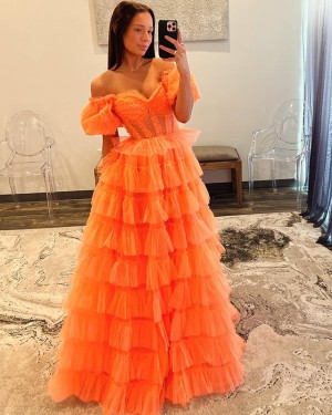Tulle Off the Shoulder Orange Long Formal Dress with Layered Skirt PM2638