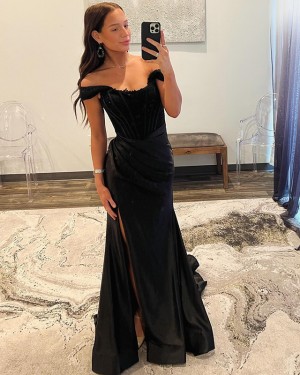 Black Lace Applique Bodice Off the Shoulder Long Formal Dress with Side Slit PM2639