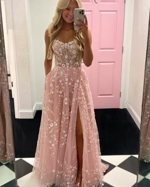Lace Pearl Pink Spaghetti Straps Long Formal Dress with Side Slit PM2645