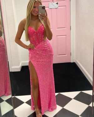 Pink Sequin Tight Spaghetti Straps Long Formal Dress with Side Slit PM2646