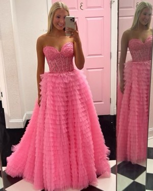 Pink Lace Bodice Sweetheart Long Formal Dress with Ruffled Skirt PM2648