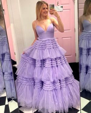 Tulle Lavender Ruffled Skirt Spaghetti Straps Long Formal Dress PM2649