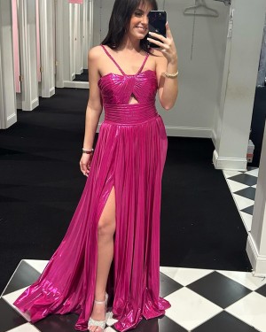 Fuchsia Cutout Pleated Spaghetti Straps Long Formal Dress with Side Slit PM2652