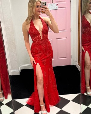 Lace Applique Red Tight Halter Long Formal Dress with Slit PM2653