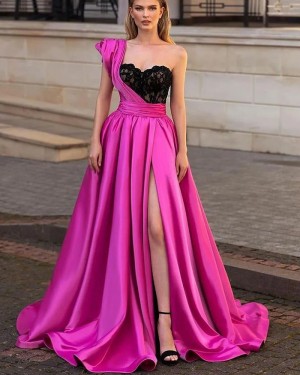 Black & Pink One Shoulder Satin Long Formal Dress with Side Slit PM2658
