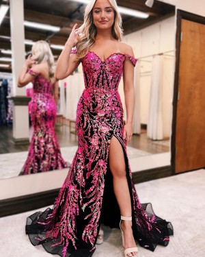 Lace Sequin Off the Shoulder Fuchsia Long Formal Dress with Side Slit PM2660