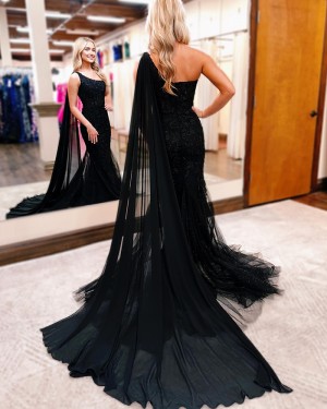 Black Lace One Shoulder Mermaid Long Formal Dress with Side Back Cape Sleeve PM2662