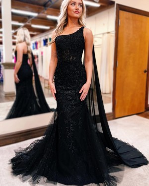 Black Lace One Shoulder Mermaid Long Formal Dress with Side Back Cape Sleeve PM2662