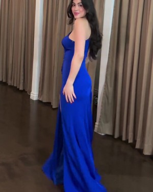 Beading Ruched Blue One Shoulder Satin Long Formal Dress with Side Slit PM2663