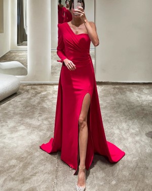 Long Sleeve One Shoulder Burgundy Ruched Long Formal Dress with Side Slit PM2666