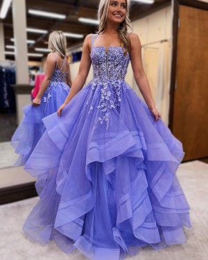 Lace Applique Spaghetti Straps Blue Ruffle Long Formal Dress PM2667