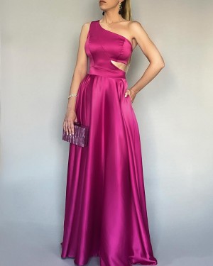 Fuchsia One Shoulder Satin Cutout Simple Long Formal Dress with Pockets PM2669