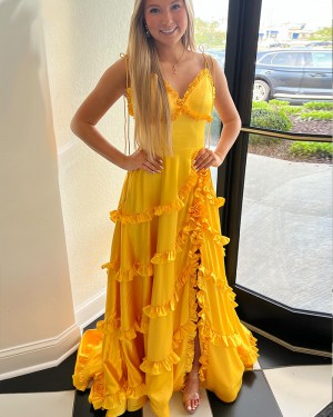 Yellow Ruffle Satin Spaghetti Straps Long Formal Dress with Side Slit PM2677