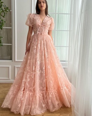 Light Pink Lace A-line V-neck Long Formal Dress with Short Sleeves PM2678
