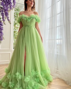 Sage Pleated Tulle Off the Shoulder Long Formal Dress with Side Slit & Handmade Flowers PM2681