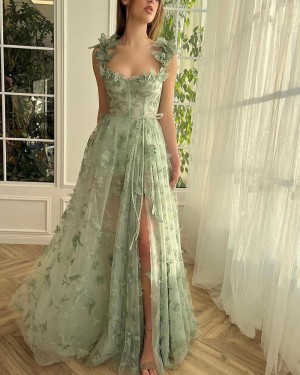 Lace Mint Applique Square Neckline Long Formal Dress with Side Slit PM2682