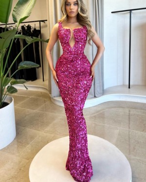 Fuchsia Special Sequin Square Neckline Mermaid Long Formal Dress PM2688