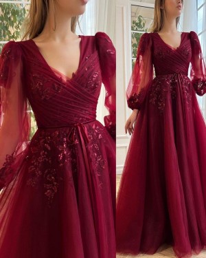 Burgundy Ruched Beading Tulle V-neck Long Formal Dress with Long Sleeves PM2697